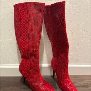Red Snakeskin Heeled Boots